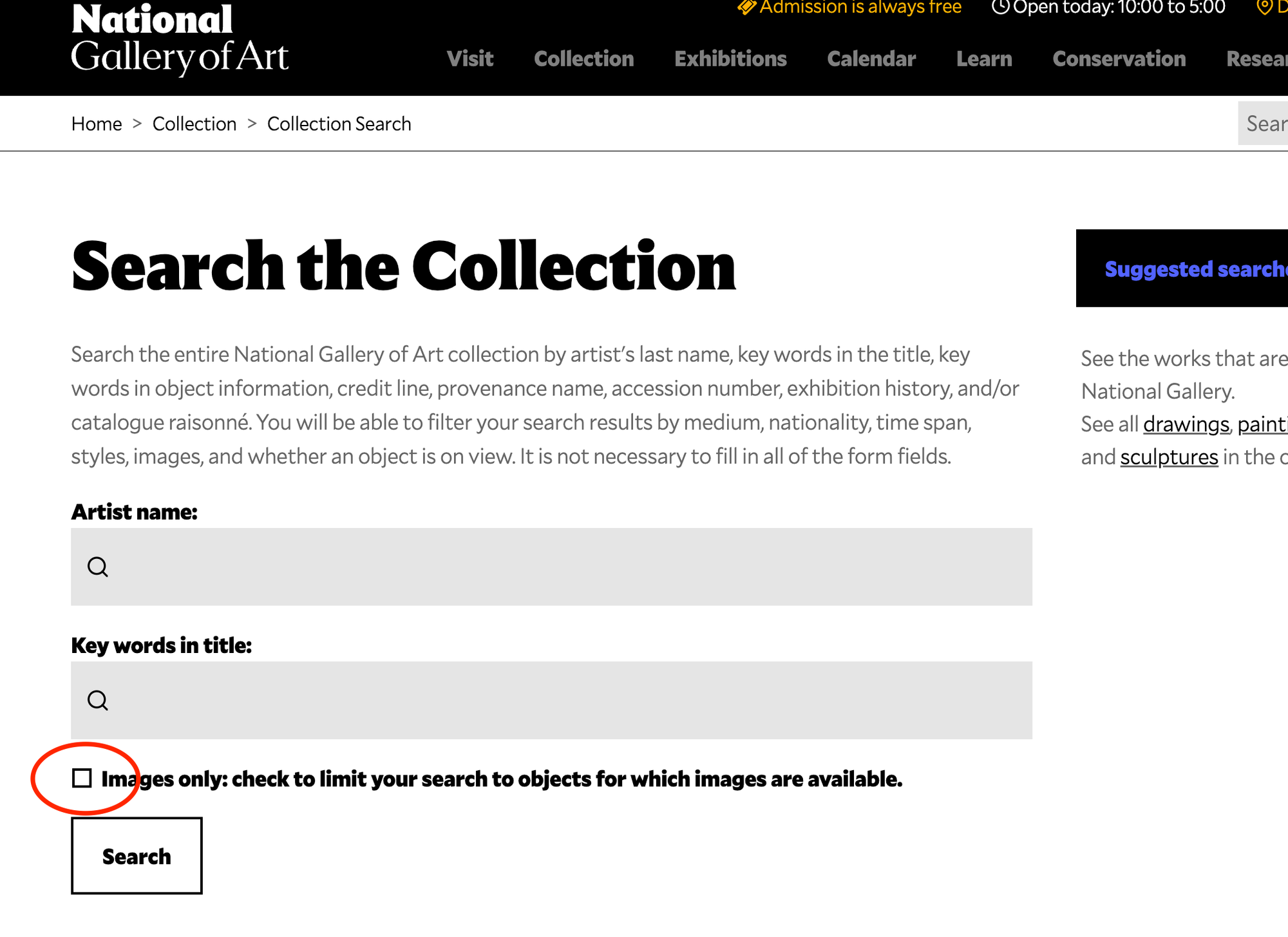 NGA collection search page